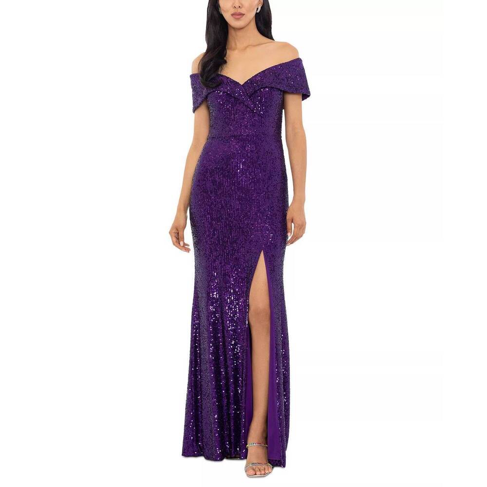 NEW XSCAPE off-the-shoulder side-slit sequin gown in purple